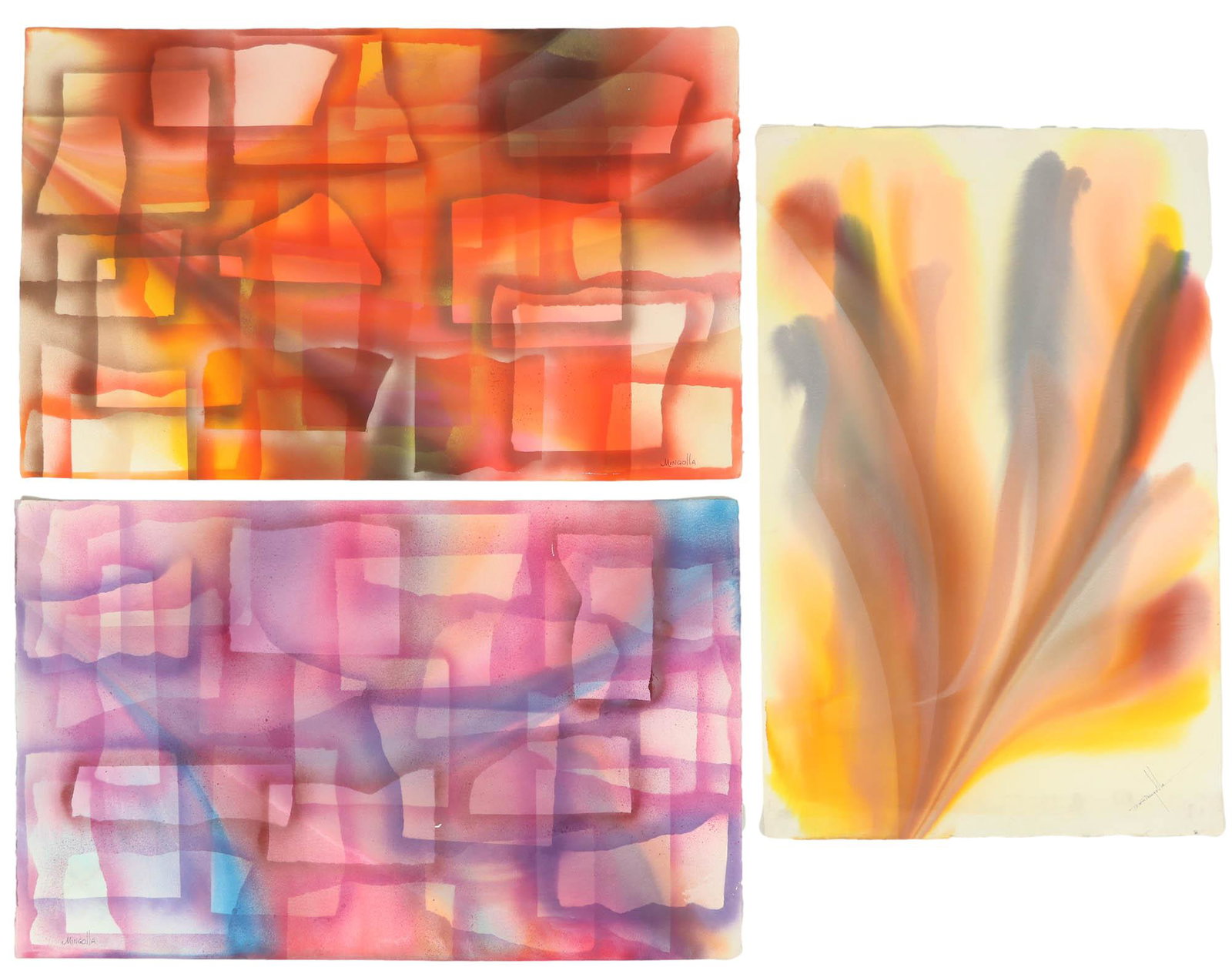Don Mingolla 20C Abstraction Watercolor Paintings: Estate collection of three original watercolor paintings on paper, by Don Mingolla ((American, 1922-1999). Beautiful flowing colors, executed in the style of Paul Jenkins. Each signed by artist. Unfra