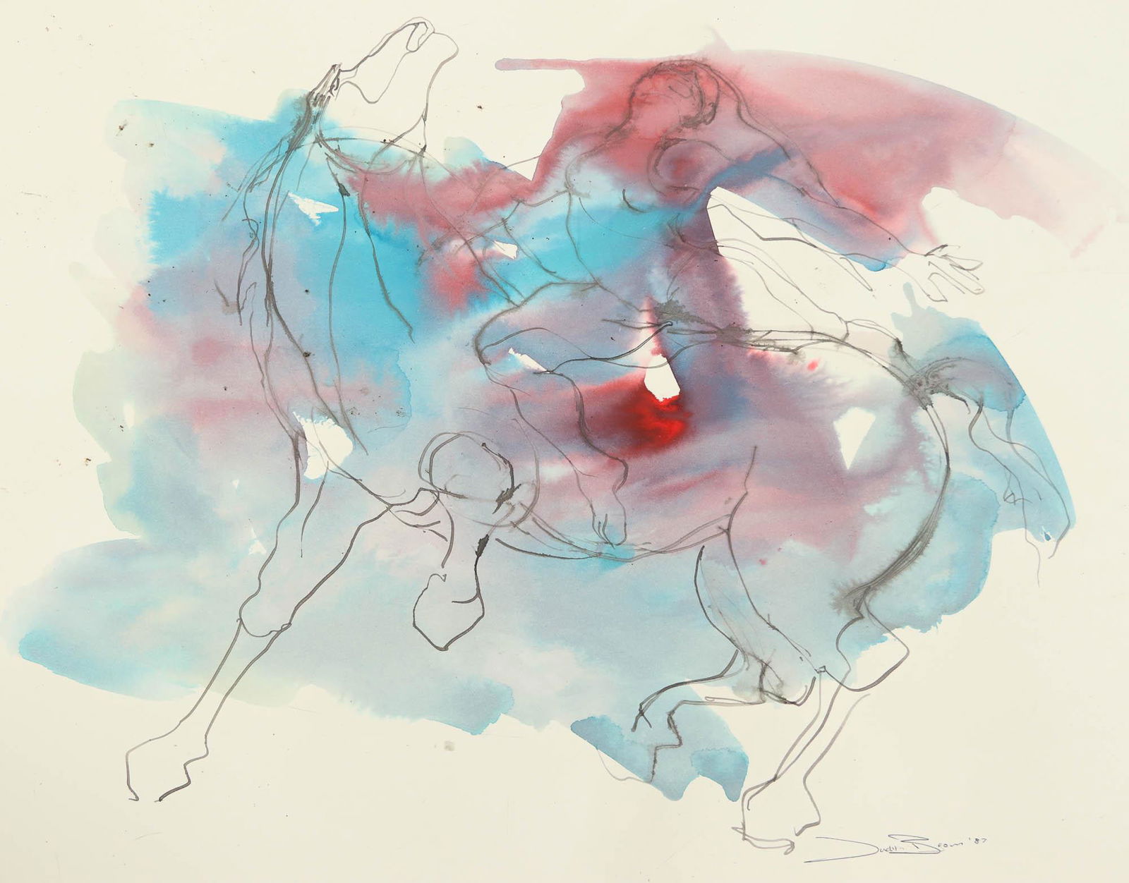 Judith Brown 1931-2002 Horse & Dancers Painting: Judith Brown (American, 1931-2002). Watercolor on paper. Horses and dancers in motion, in tones of flowing red, black and grey. Artist signatures lower right. Unframed. Ships rolled. Dimensions: 22.5