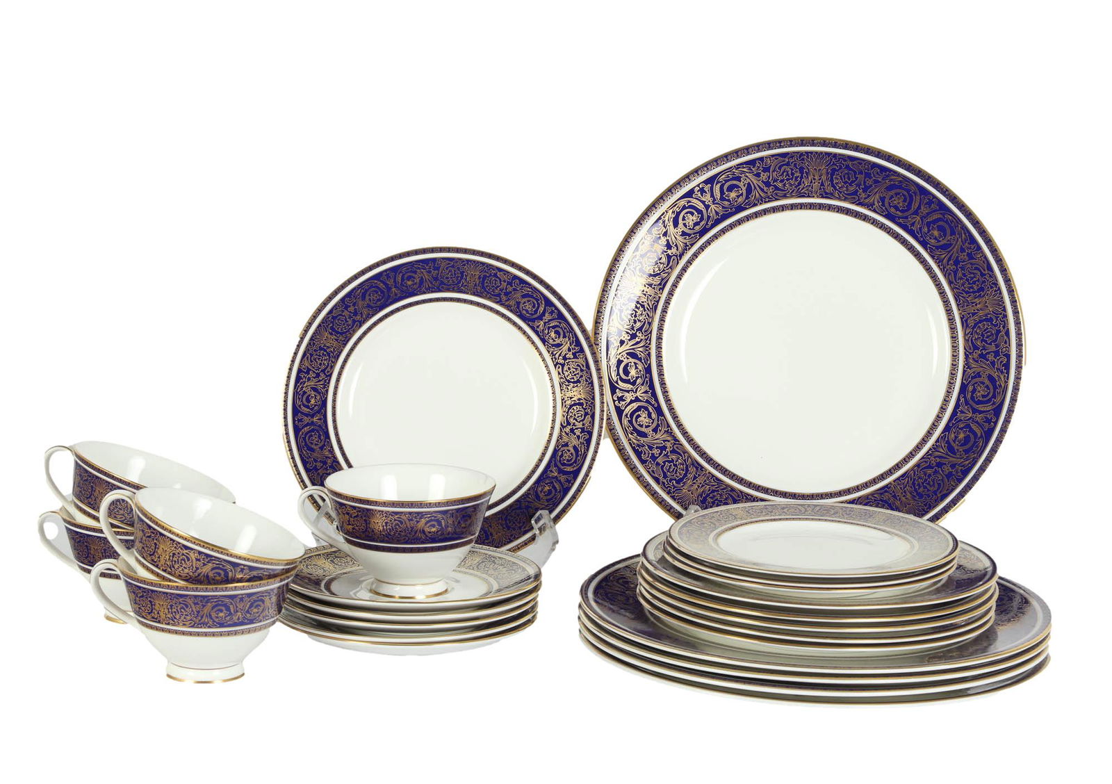 Royal Doulton Imperial Blue Cup Saucer & Plate SET: English bone china manufactured by Royal Doulton in their "Imperial Blue" pattern. Production years : 1967 - 1980. Design features gold scroll filigree design on a blue band against a white ground. In