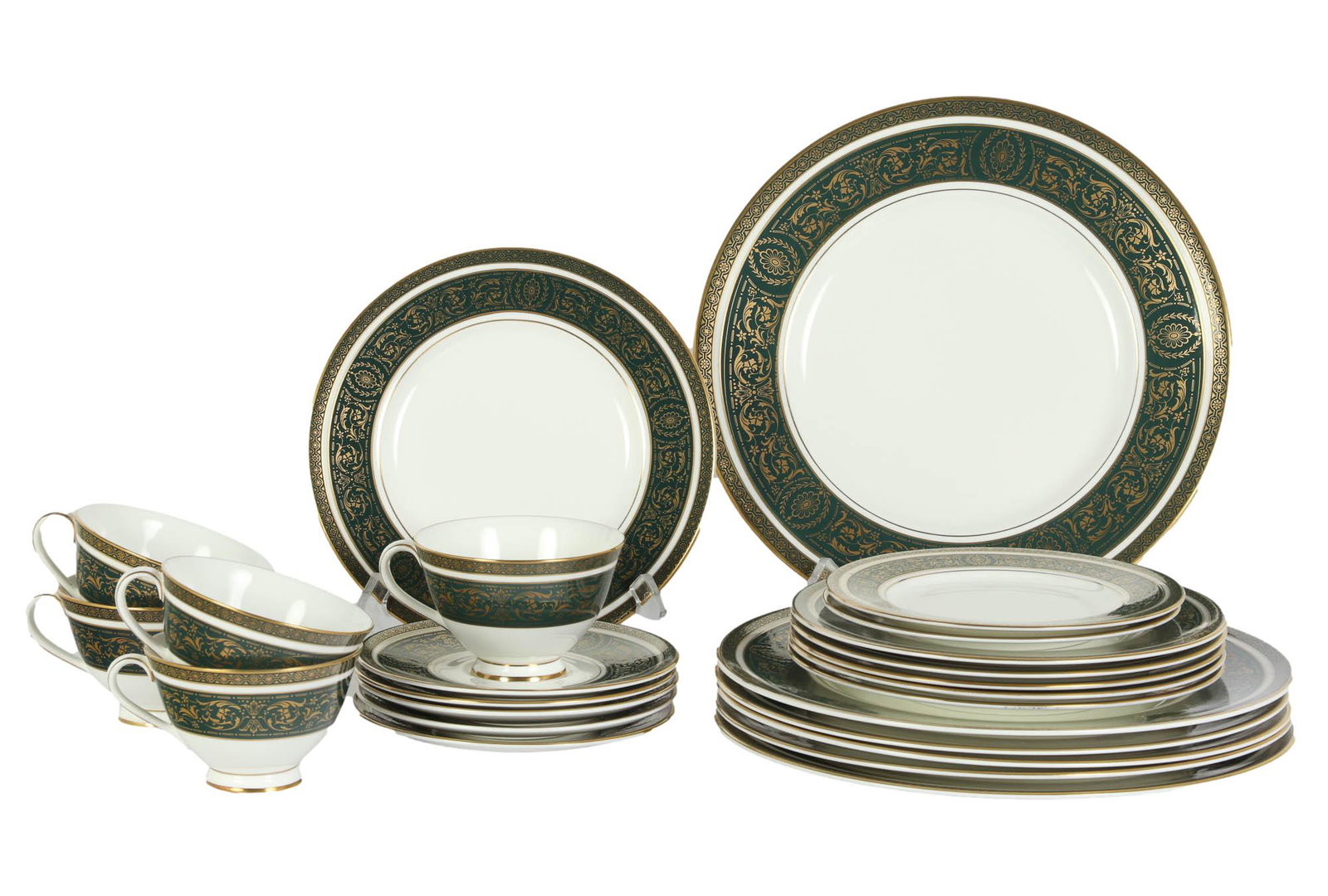 Royal Doulton Bone China Vanborough Green 24pc SET: English bone china manufactured by Royal Doulton in their "Vanborough Green" pattern. Production years : 1967 - 1985. Design features gold scroll filigree design on a green band against a white ground