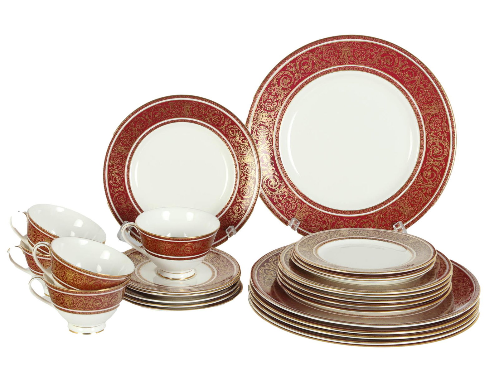 Royal Doulton Bone China Buckingham 20pc SET: English bone china manufactured by Royal Doulton in their "Buckingham" pattern. Production years : 1963 - 1979. Design features gold scroll filigree design on a maroon band against a white ground. Inc