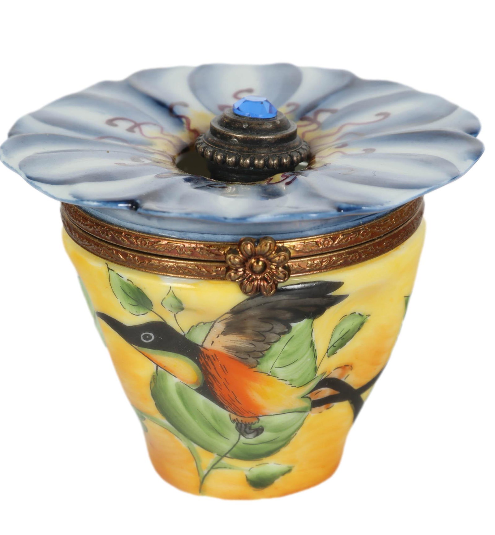 Limoges Flower Pot w/ Bottle Porcelain Trinket Box: Hand painted and handcrafted French porcelain trinket jewelry ring coin storage box. Modeled in the form of flower pot with a fully bloomed flower with glass scent bottle with bejeweled cap inside. Gi