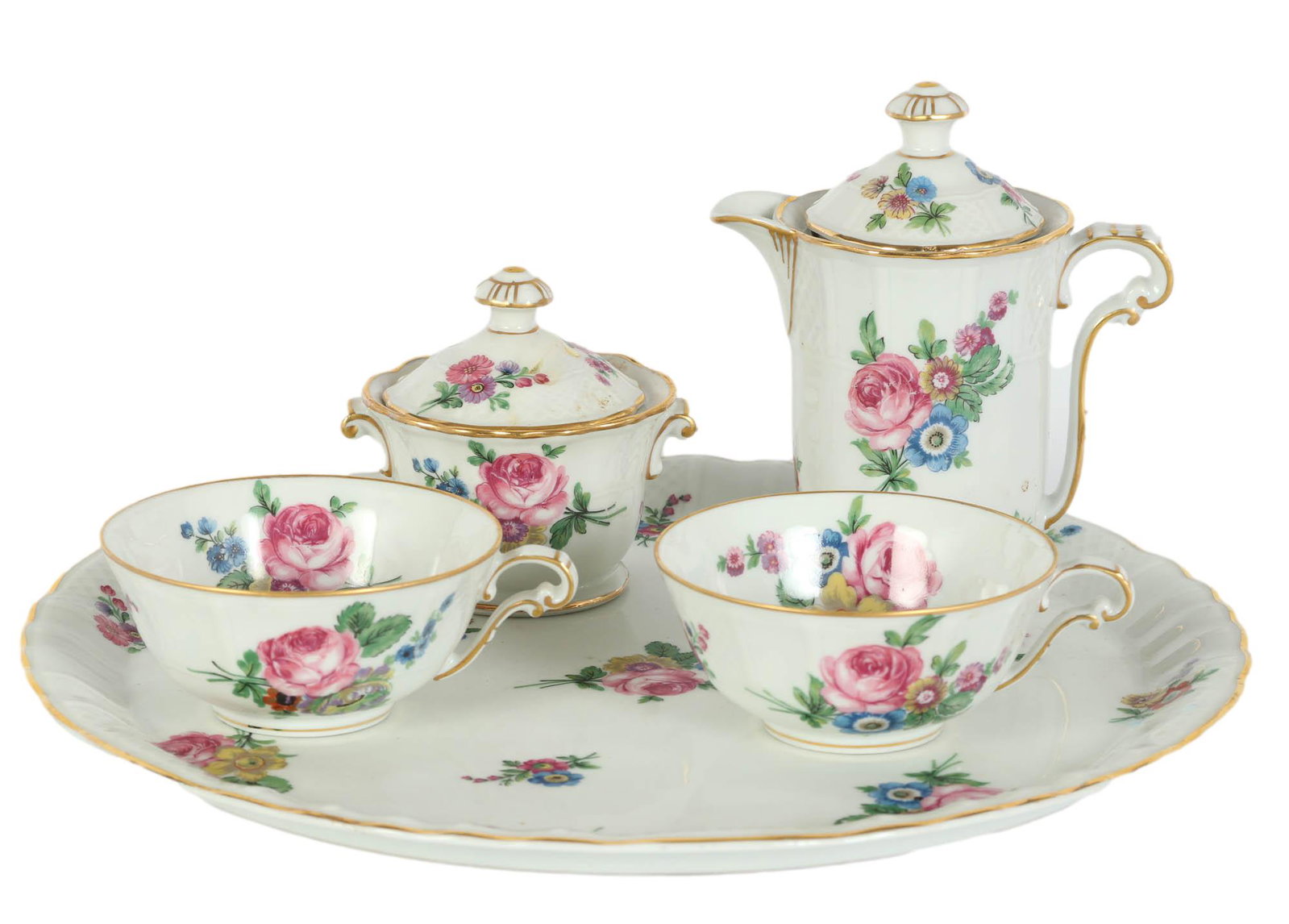 Limoges Trianon Porcelain Cup Creamer Pot Tray SET: 20th century French porcelain manufactured by Limoges in their Trianon pattern. Articles graced with a multi colored floral arrangement against a white ground with gold trimmed borders. Includes 2 x c