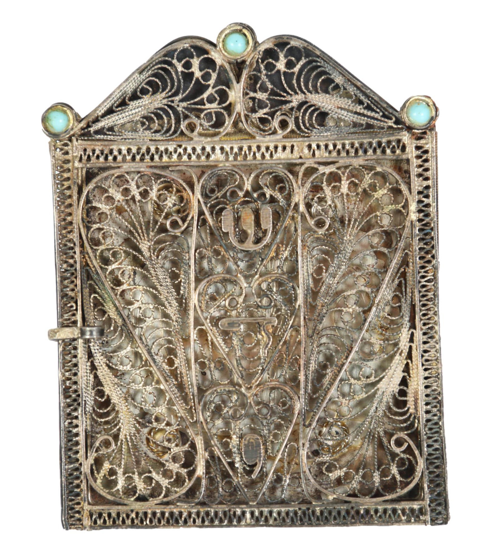 Sterling 925 Filigree Judaica Picture Photo Frame: Handcrafted sterling silver Jewish Judaica theme photo photograph picture frame. The pieced scrollwork on one side with Hebrew letters signifying one of God's name ~ Shin, Daled & Yud. Turquoise caboc