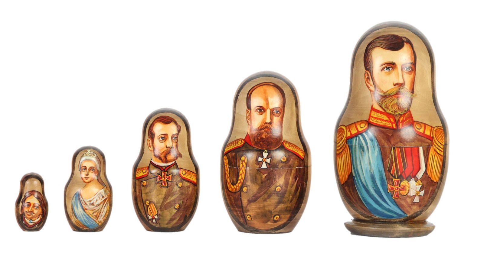Russian Czar Royal Family Wood Nesting Dolls SET: Hand carved and hand painted wood wooden 5 pc nesting dolls of Russian cultural art. 3 depicted wearing military uniform with epaulettes, sash and medals. One features the portrait of a woman wearing