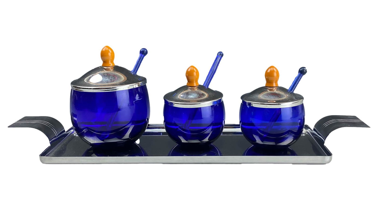 Revere Art Deco Glass Condiment Set w/ Chrome Tray (1 of 5)