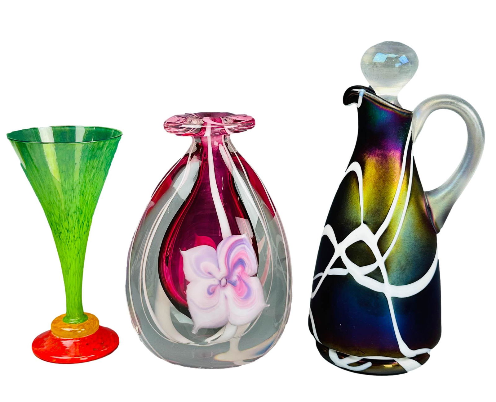 Kralik Art Glass Cruet Vase & Glass 3pc LOT SIGNED (1 of 6)