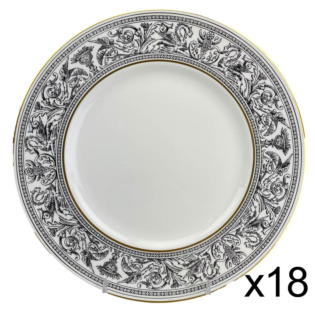 Wedgwood "Florentine Black" Dinner Plates 18pc SET: Set of Wedgwood English bone china "Florentine Black" dinnerware. Production years : 1959 - 1997. Design showcases a dragon and floral motif in black, against a white ground. Gold trimmed borders. Sig