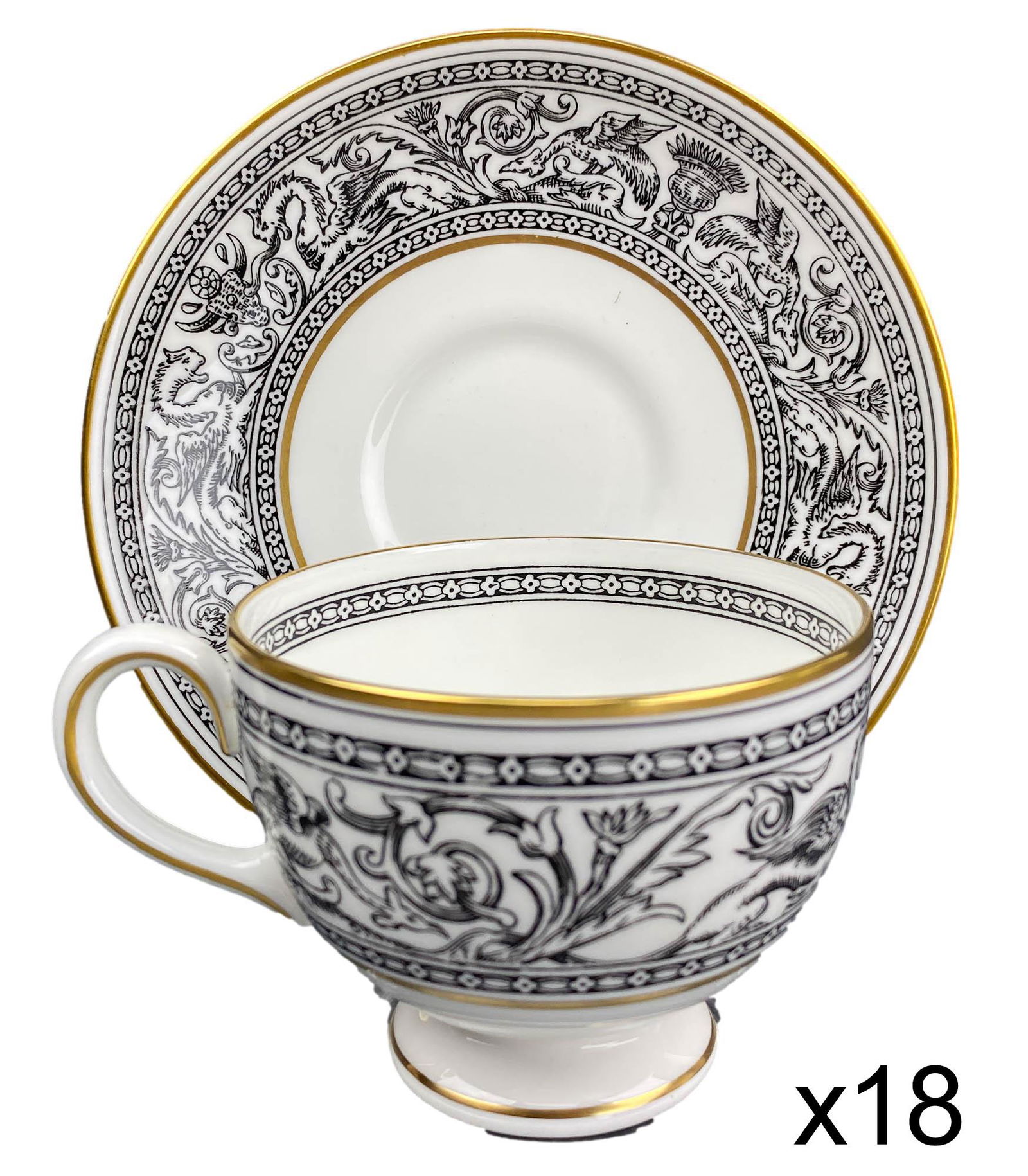 Wedgwood "Florentine Black" Teacup Saucer 36pc SET: Set of 36 total ( 18 tea cups with 18 matching saucers ) Wedgwood English bone china "Florentine Black" dinnerware. Production years : 1959 - 1997. Design showcases a dragon and floral motif in black,