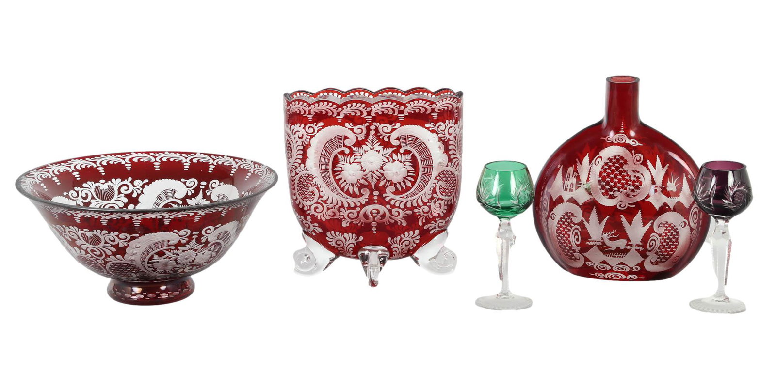 Bohemian Czech Ruby Red Cut Clear Glass 5pc LOT: 20th century European origin crystal art glass lot. Includes ~ 1 clear scroll foot vase with engraved floral and scroll decorations. 1 x round footed bowl with similar decorations. 1 x bottle shaped v