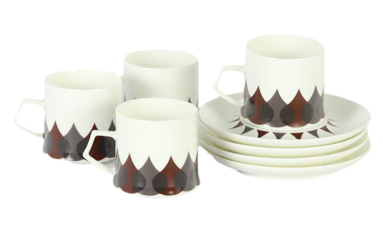 Mikasa "Rainflower" Demitasse Cup Saucer 8pc LOT: Japanese bone china demitasse 4 x cups and 4 x saucers manufactured by Mikas in their Rain Flower pattern. Production years : 1974 - 1976. Varying shades of petal / leaf forms grace each article again