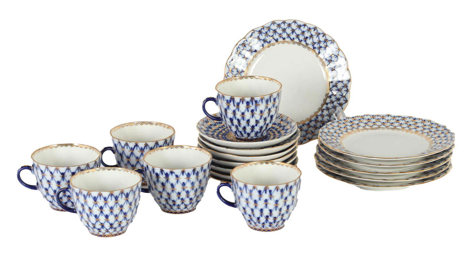 Lomonosov Cobalt Net Cup Saucer Bread Plate SET (1 of 6)