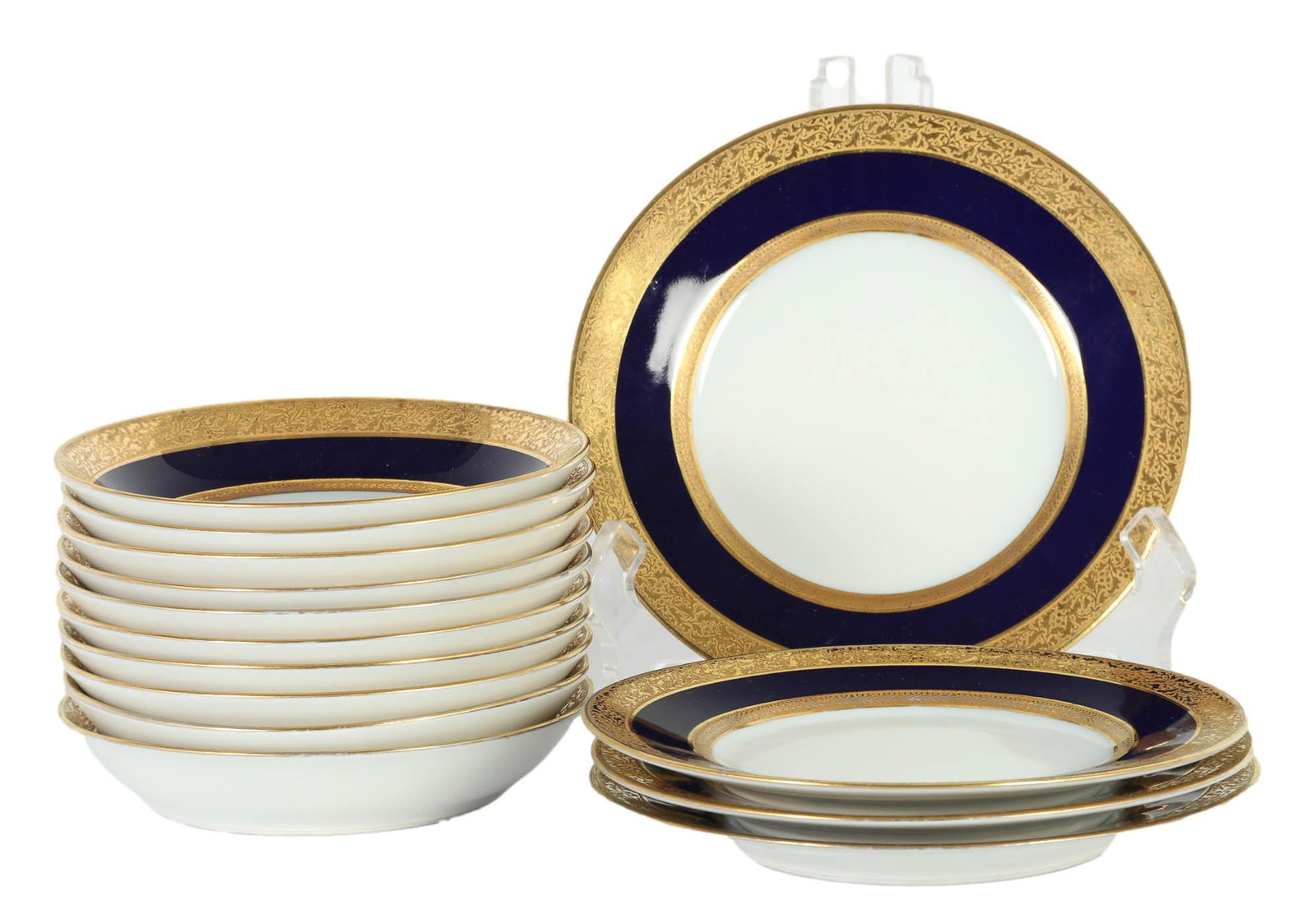 Hutschenreuther Cobalt Gold Bowl & Plate 14pc SET: Includes ~ 10 x cereal / fruit / dessert bowls and 4 x bread and butter plates, each showcasing a gold encrusted band with etched decorations with a smooth cobalt blue band below against a white groun