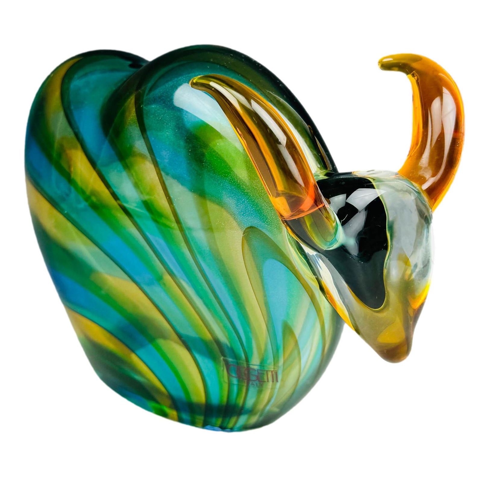 Oggetti Luigi Mellara Murano Italy Bull Sculpture: Studio hand blown Modernist art glass "Taurus" bull sculpture by Italian glass artist Luigi Mellara. Designed with rounded shaped body with alternating green and amber slanted stripes with applied cle