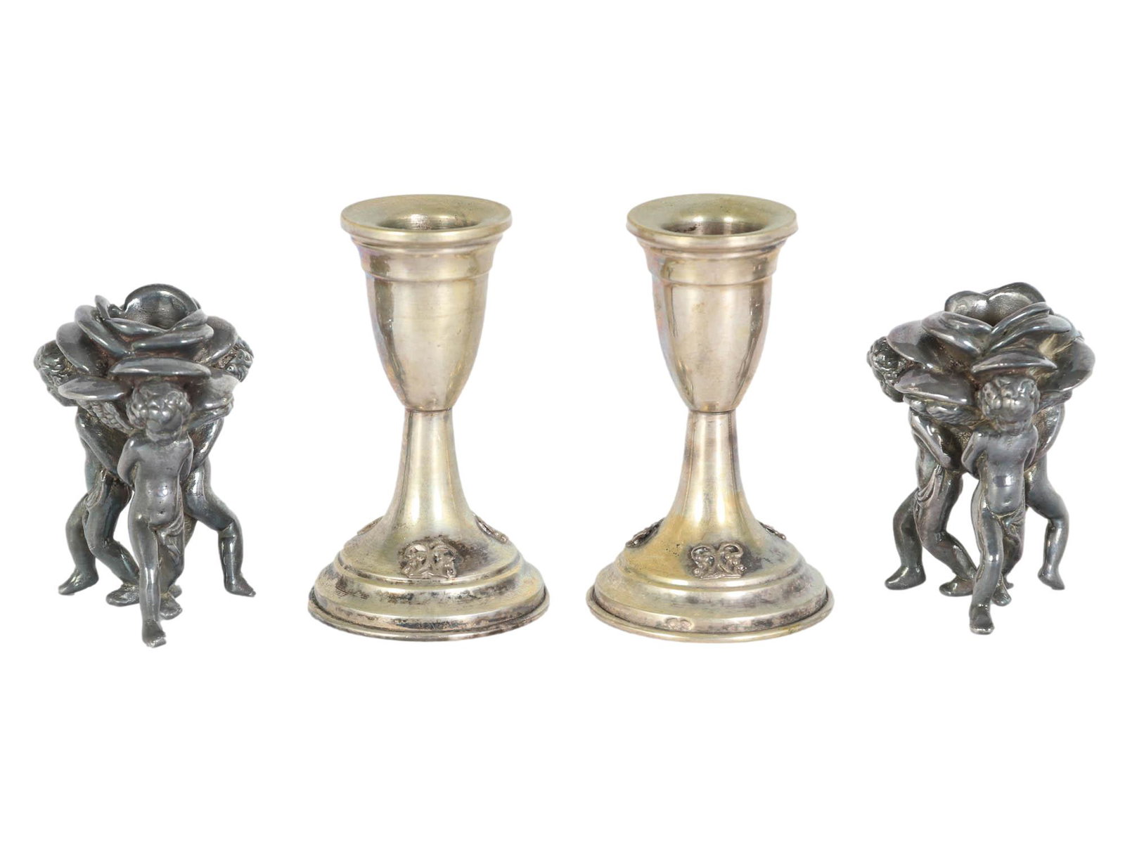 800 Silver & Sterling Wax Cherub Candle Holder LOT: Includes ~ Pair of stamped 800 silver candleholders with applied wirework designs around the base. Pair of sterling silver 925 over wax composition ( weighted ) nude angel cherub candle holders. Measu