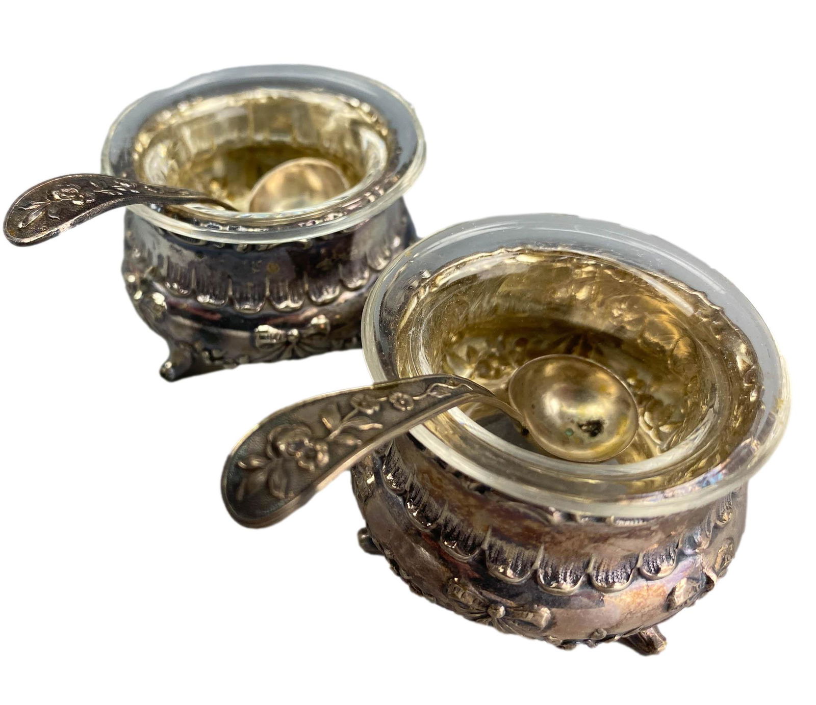 800 Silver Salt Cellar Dip Glass Insert Spoon SET (1 of 6)