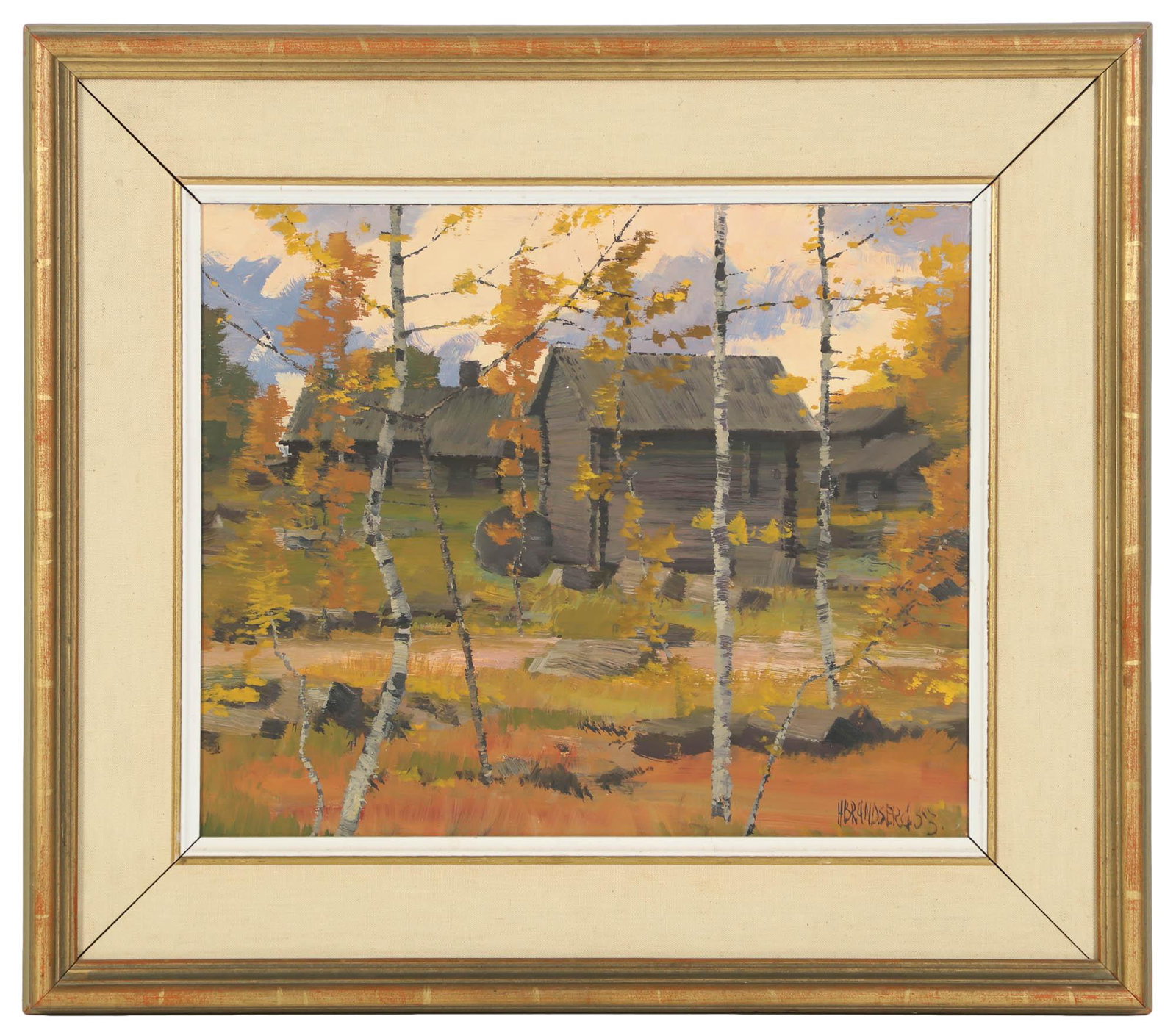 House Landscape Impressionist Oil Painting SIGNED: Subject matter depicts several small houses in a wooded type setting. Painting executed on artist board. Signed lower right corner. Paper sticker label with foreign text on verso. Work Size: 14.5 x 17