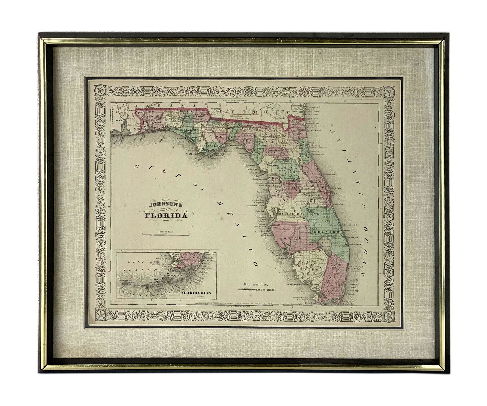 Antique 1863 Alvin J. Johnson Color Map of Florida (1 of 4)