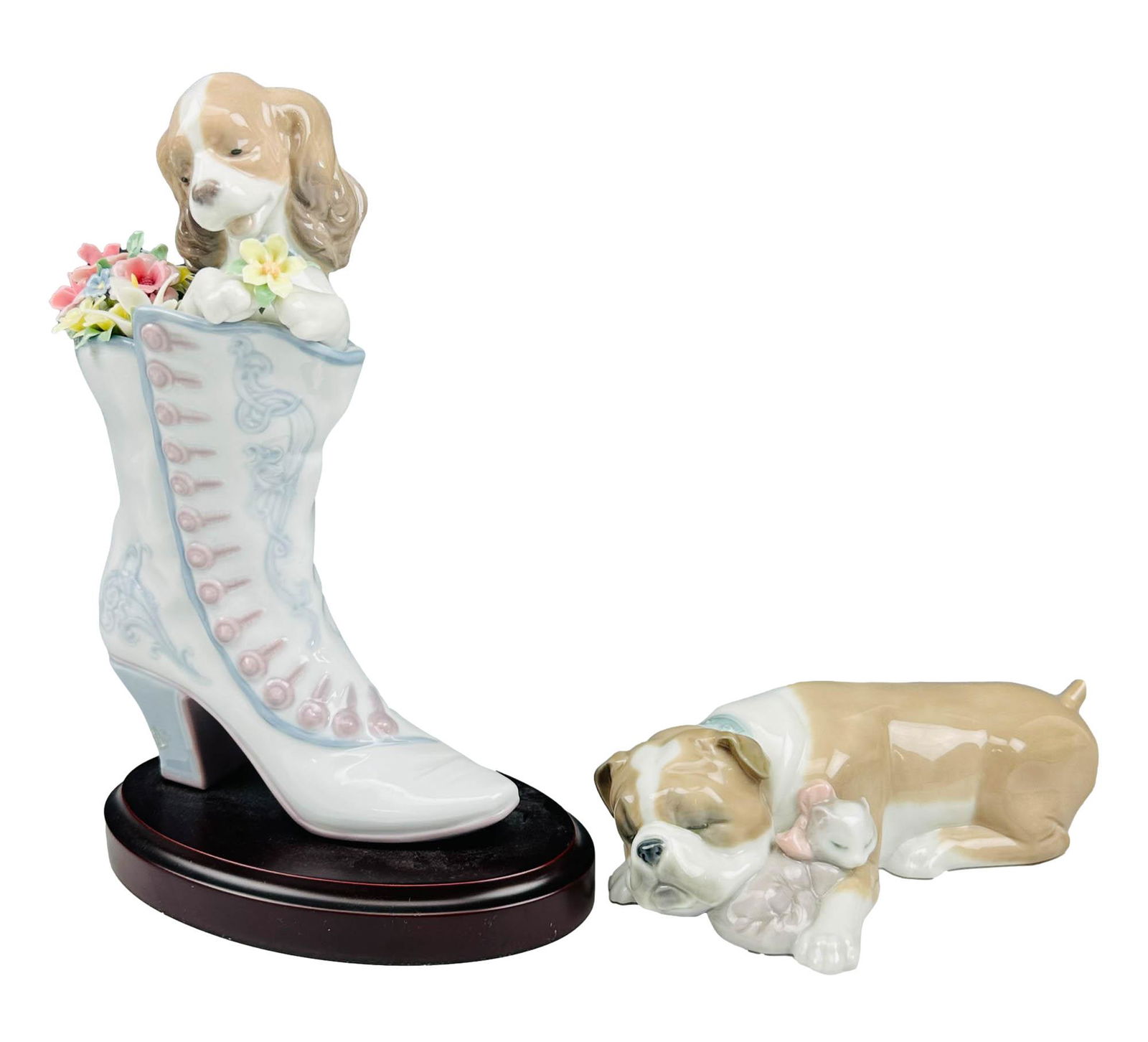 Lladro A Well Heeled Puppy & Unlikely Friends LOT: Estate lot of 2 Lladro Spain porcelain figurines. Includes 1 x A Well Heeled Puppy Model number 6744. Sculptor : Francisco Polope. Production years : 2001 - 2204. 1 x Unlikely Friends Model number 641