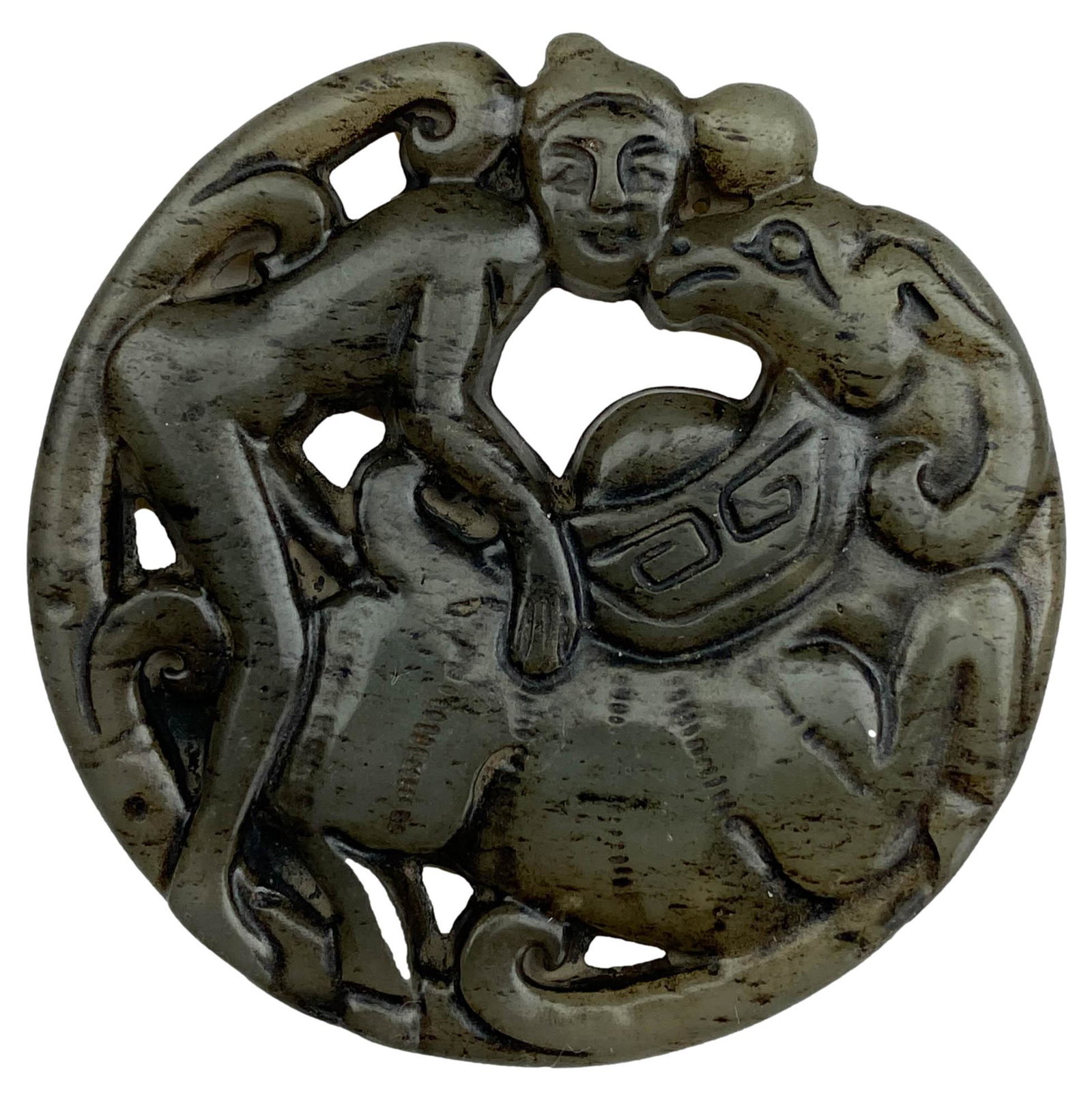 Chinese Carved Jade Erotic Woman & Beast Pendant: Chinese carved Jade natural stone erotic figural and pendant. Features a circular jade pendant with nude human and beast figure animalistic erotic scene. Dimensions: 2.25 X 2.25 X .3 in. Condition: