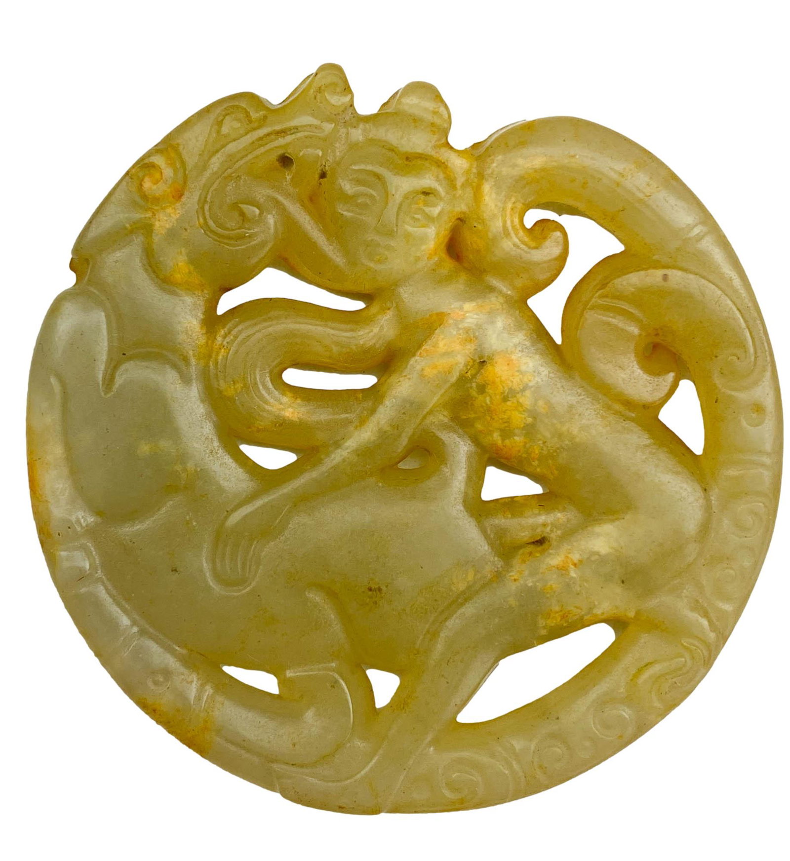 Chinese Carved Jade Erotic Figural Round Pendant: Chinese carved Jade natural stone pendant. Features a circular jade pendant with nude human and beast figure erotic scene. Dimensions: 2.25 X 2.25 X .3 in. Condition: Good overall condition having