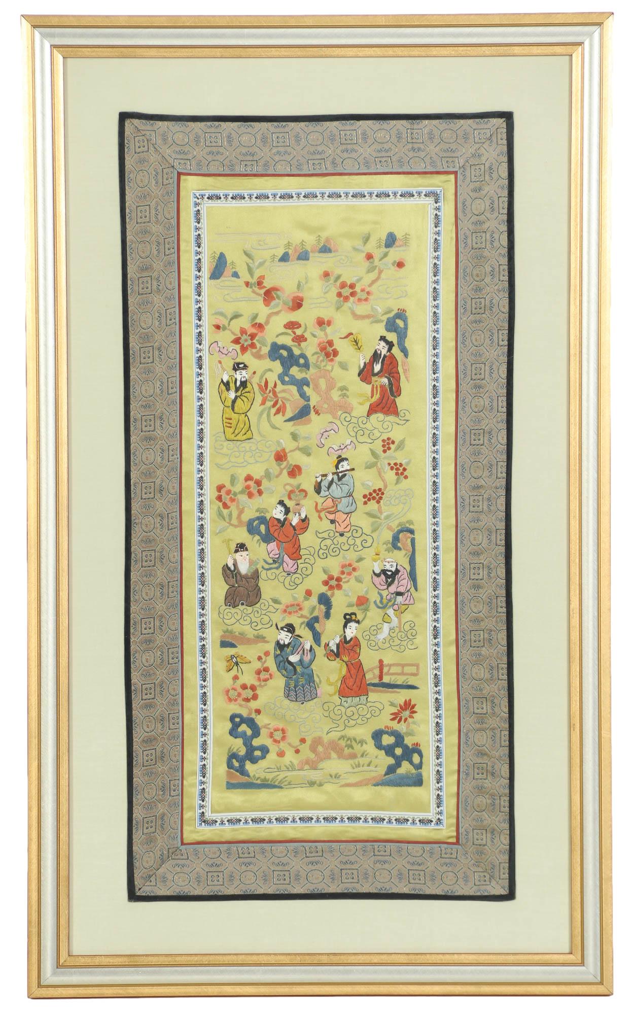 Chinese Silk Embroidered Figural Tapestry Panel (1 of 3)