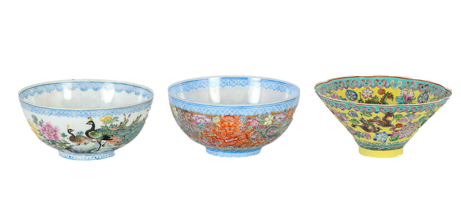 Chinese Dragon Floral Bird Eggshell Porcelain Bowl: Includes ~ 1 x famille jaune scalloped footed dragon floral hand painted bowl. 1 x dragon and floral round footed hand painted bowl with phoenix bird in the center, inside. 1 x peacock and floral roun