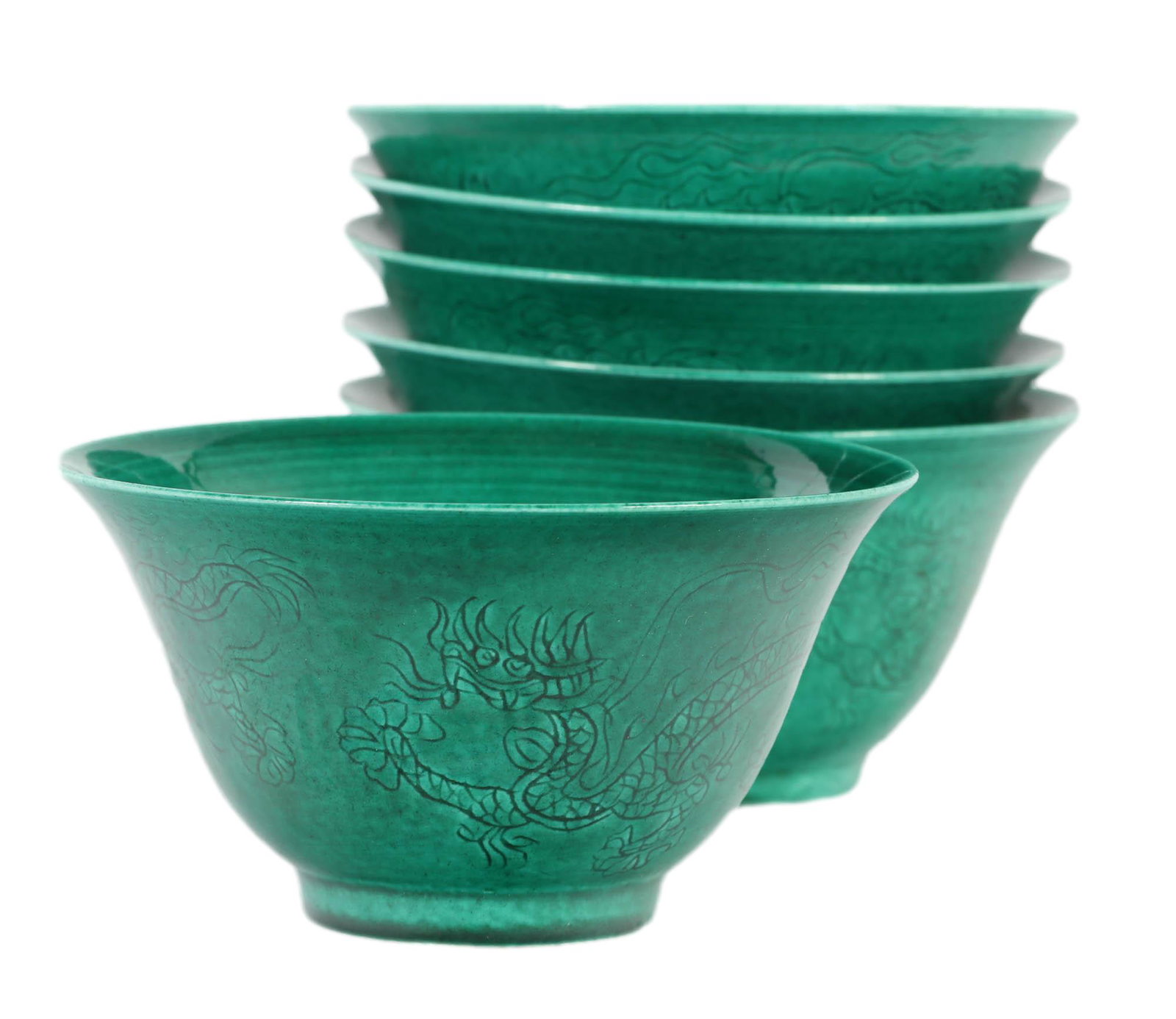 Chinese Famille Verte Porcelain Dragon Bowls LOT: Each bowl with a flared everted rim on straight steep circular foot. All feature a double dragon chasing the pearl of wisdom. Signed in the underglaze with blue six character mark. Dimensions: 3 X 5.5