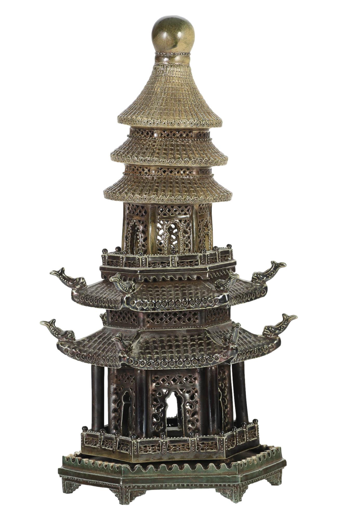Chinese Porcelain Pagoda Censer Incense Burner: 20th century handcrafted article of Chinese cultural art. Comprised of 3 portions with a hexagonal base, mid section and the domed shaped top. Glazed finish. No apparent markings. Dimensions: 18.25 X 
