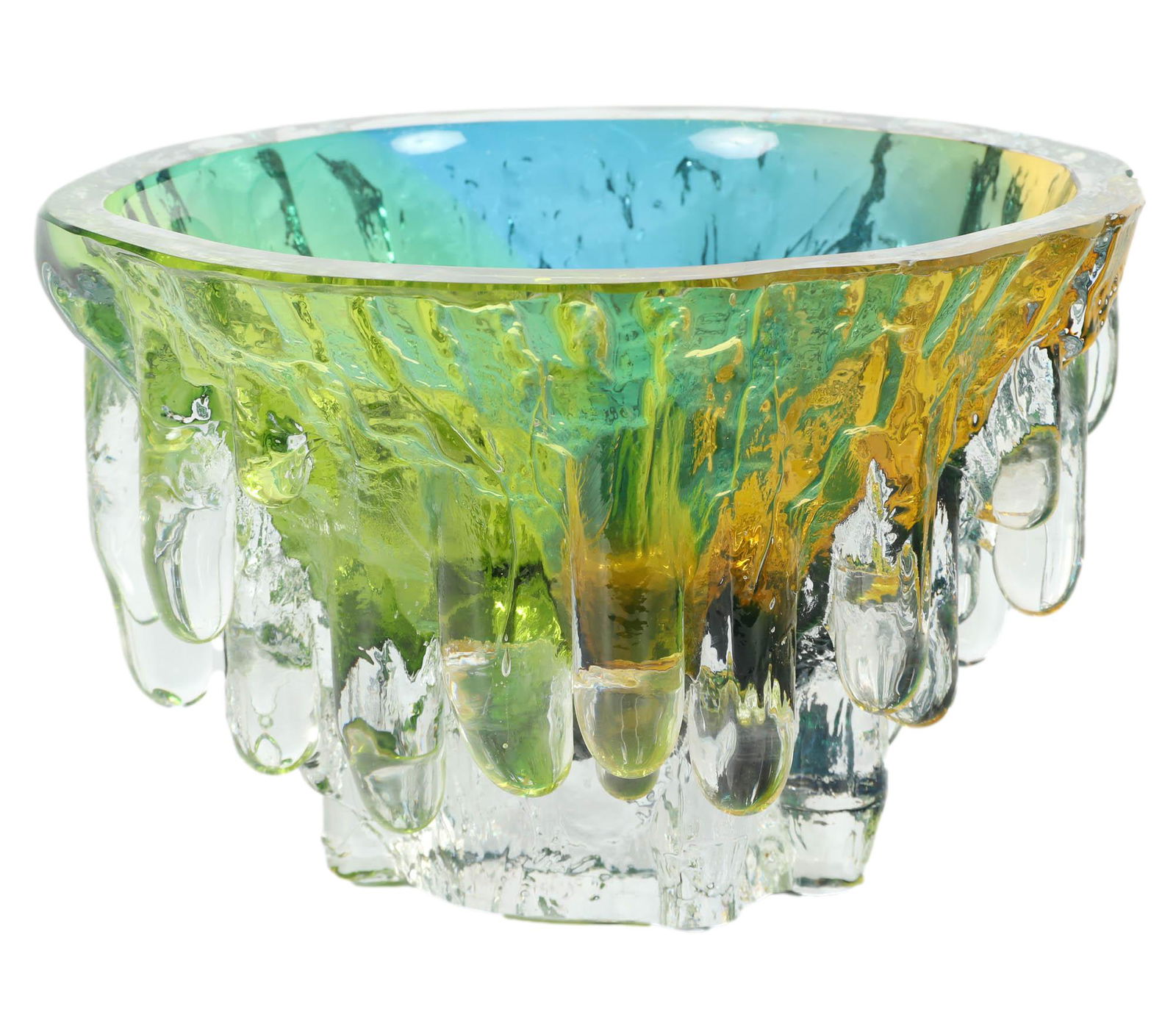Kosta Boda Goran Warff Art Glass Drip Centerpiece: Kosta Boda Swedish art glass vase. Heavily sculpted clear, blue, green and yellow colored glass, resembling spectacularly tinted stalagmite drip formations. Artist etch signed to underside KOSTA G. WA