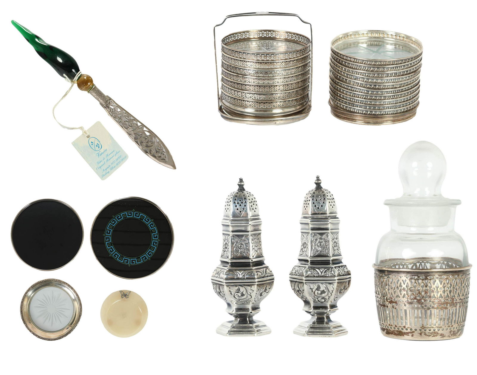 Sterling Silver Coaster Trivet Shaker Knife LOT: Estate collection of assorted antique sterling silver serving items. Lot includes: (1) 4.5" x 1.5" pair of English sterling silver salt and pepper shakers (approximately 100 grams), (1) 5.5" x 2.75 gl