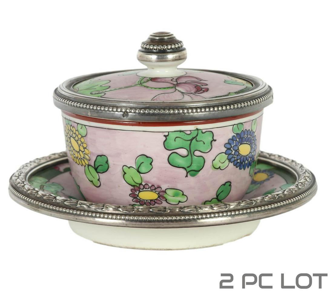 19C French Sterling & Ceramic Butter Bowl & Dish (1 of 5)