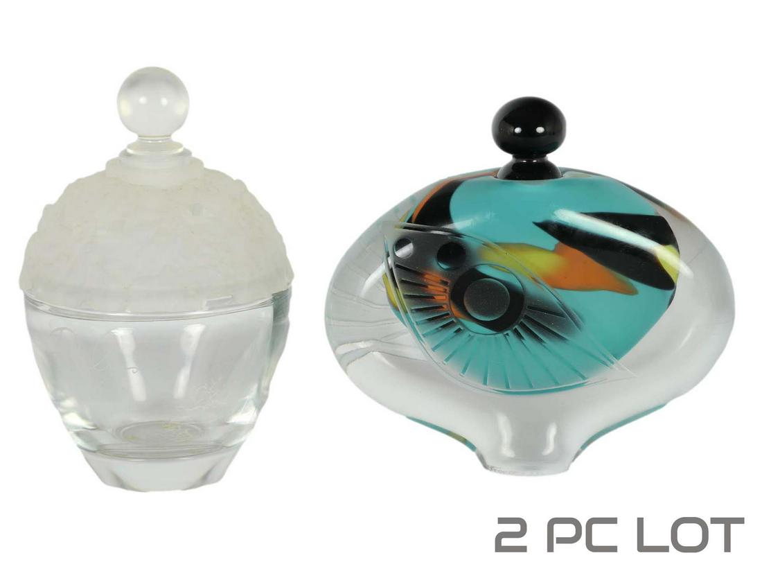 Laura Ashley Dily Factice Perfume Bottle 2pc LOT: Estate collection of 2 vanity dresser bathroom scent perfume bottles. Includes ~ 1 x Laura Ashley "Dily" perfume factice dummy glass bottle with a plastic top. 1 x artisan signed carved and cased mult