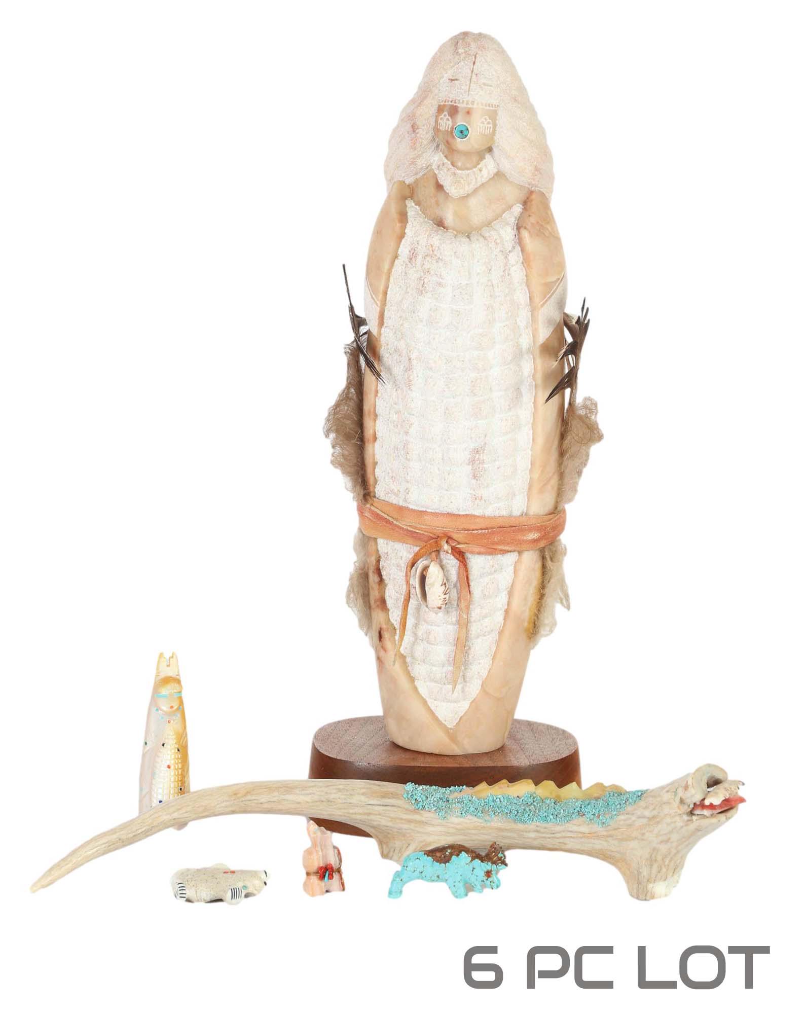 Native American Indian Carved Sculpture Fetish LOT: Estate collection lot of 6 articles of Native American Indian cultural art. Includes a carved hardstone figural sculpture with braided hair, modeled in the form of a corn and decorated with shells and