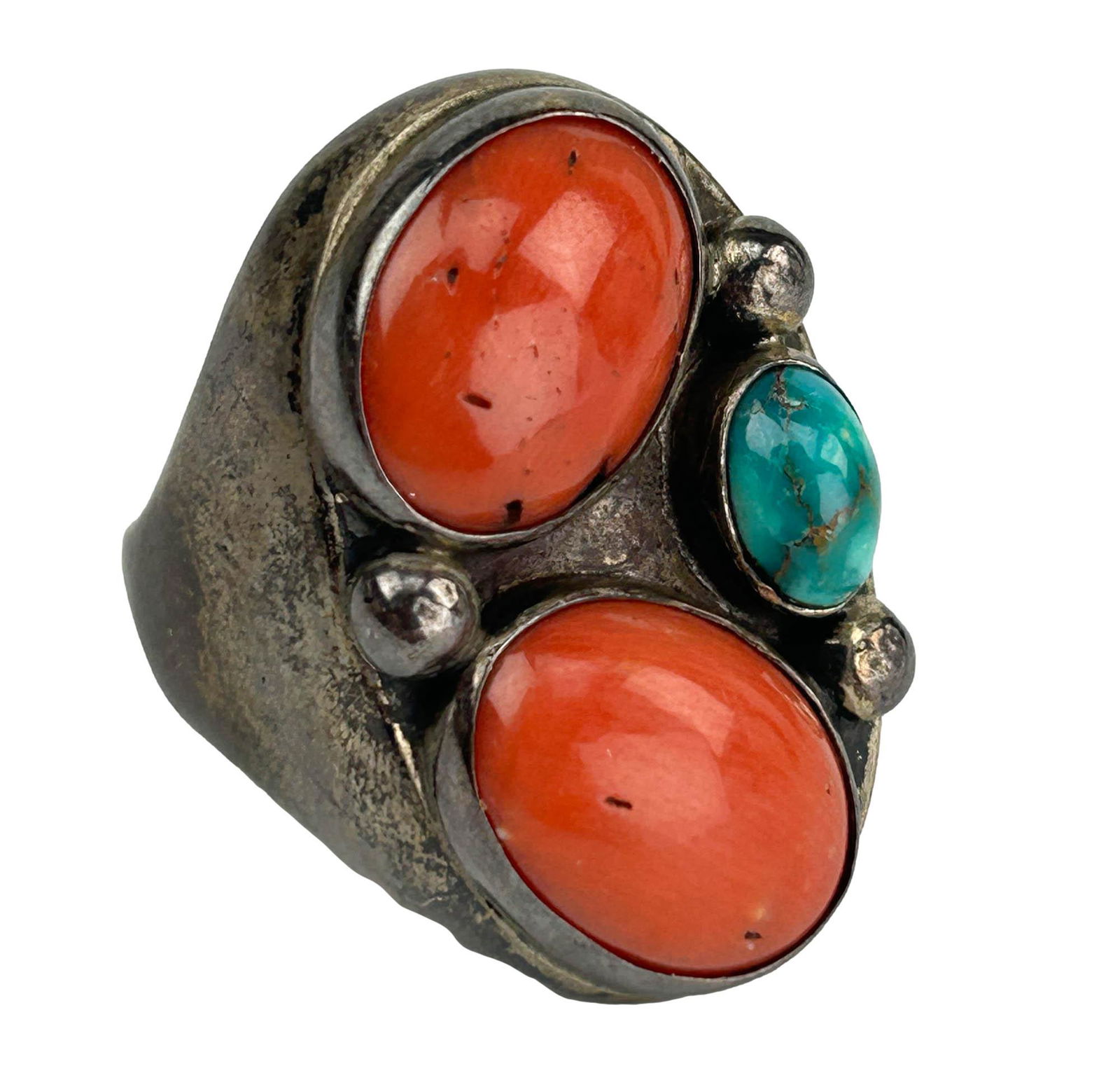 American Indian Sterling Coral Turquoise Mens Ring (1 of 3)