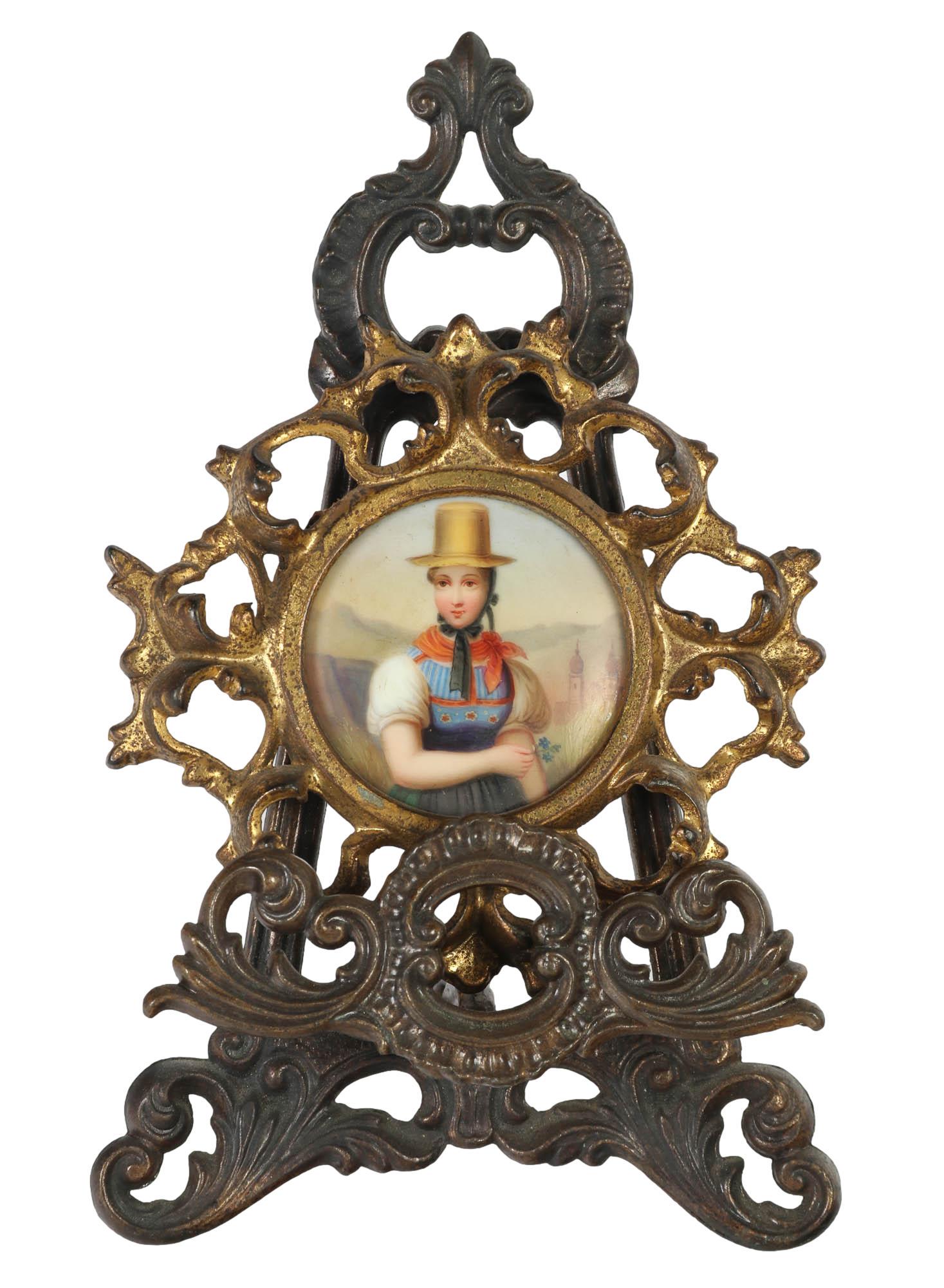 Antique French Miniature Portrait Painting & Easel (1 of 5)