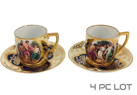 Pauly Co Venezia Porcelain Figural Cup Saucer LOT: 2 pairs of European origin 20th century porcelain cups and saucers. Both cups feature mythological figural and cherub scenes in a cartouche with gold mini beading, embellishments and cobalt blue color