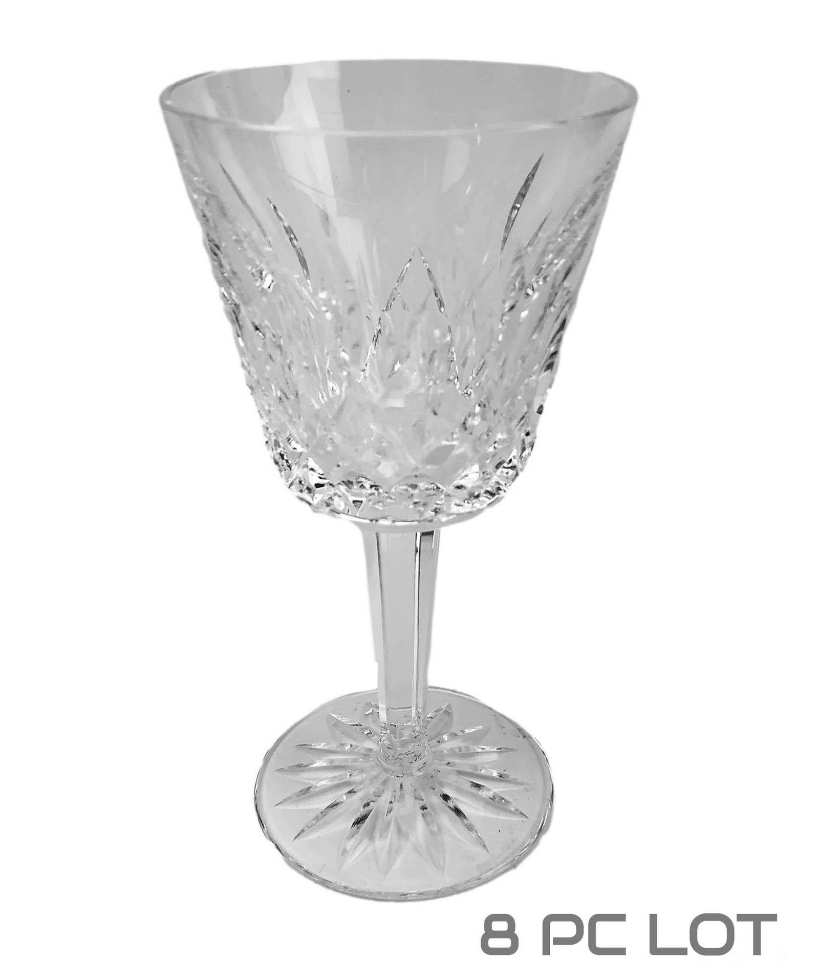 Waterford Crystal Lismore Claret Wine Goblet 8pc: Set of 8 Waterford Irish cut crystal art glass "Claret Wine" bar barware goblets modeled in their Lismore pattern that was introduced in 1952. Design features vertical cuts over a diamond quilted patt