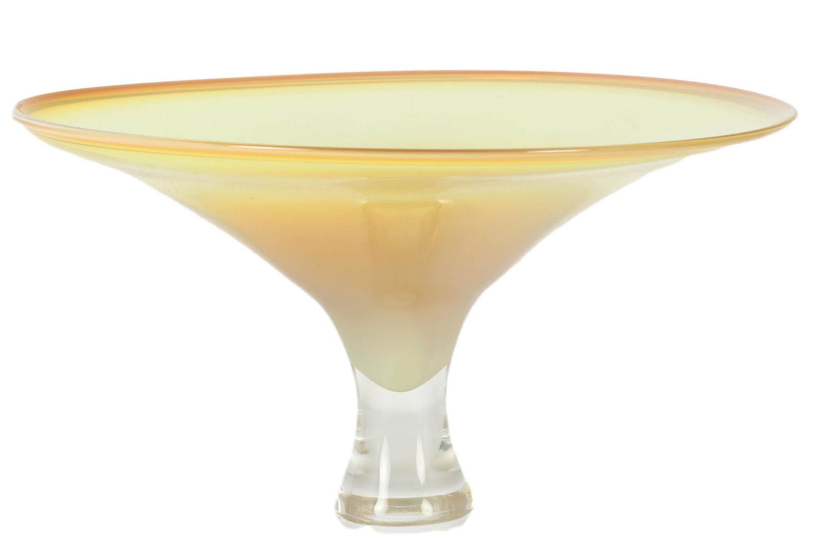 Opalescent Yellow Art Glass Pedestal Bowl SIGNED: Early 21st century studio hand blown art glass clear footed centerpiece center bowl. Features a wide flared out circular shape with a partially cased submerged base. Smooth high mirror polished finish