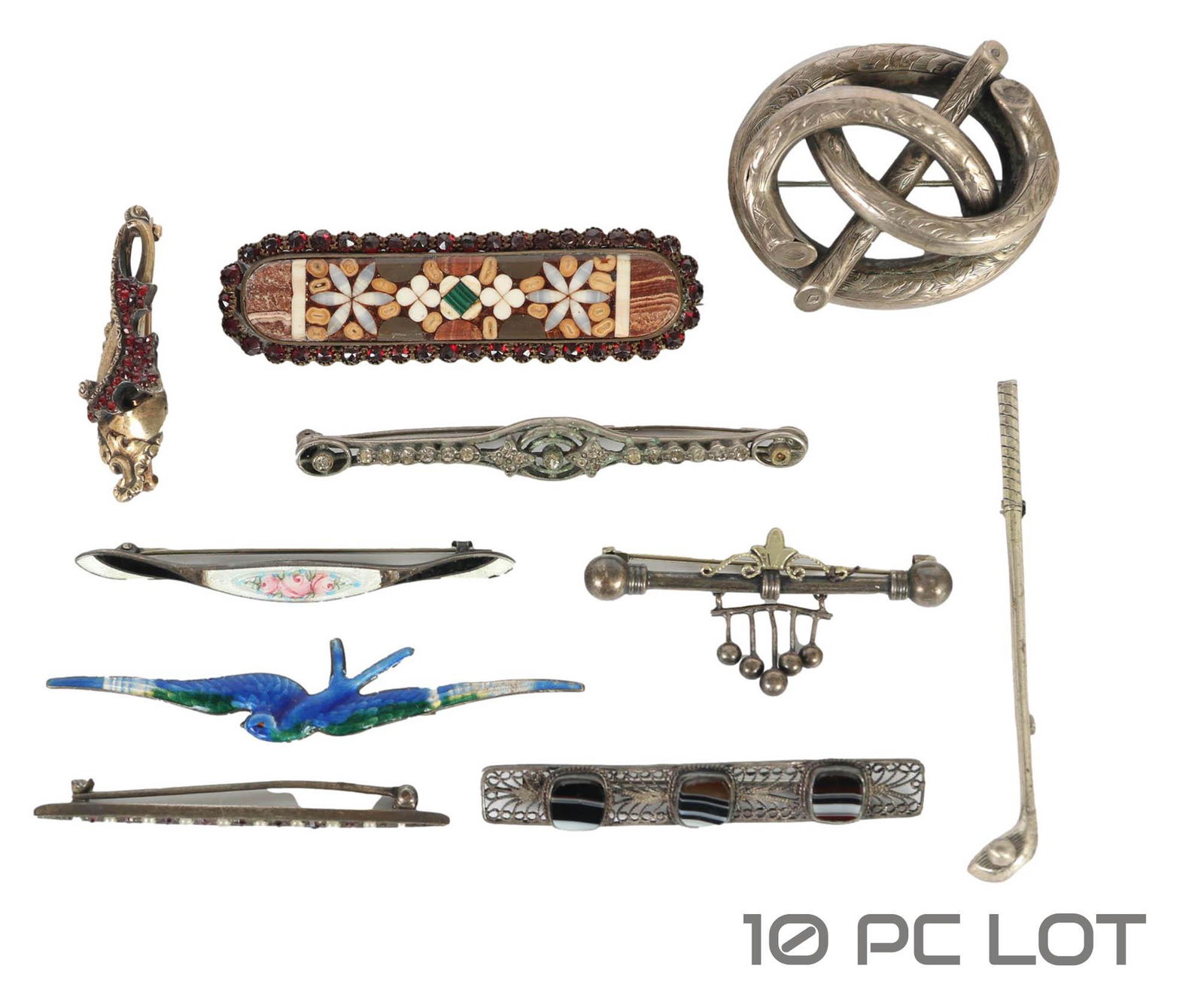 Sterling Enamel Agate Inlay Stone Brooch 10pc LOT (1 of 6)