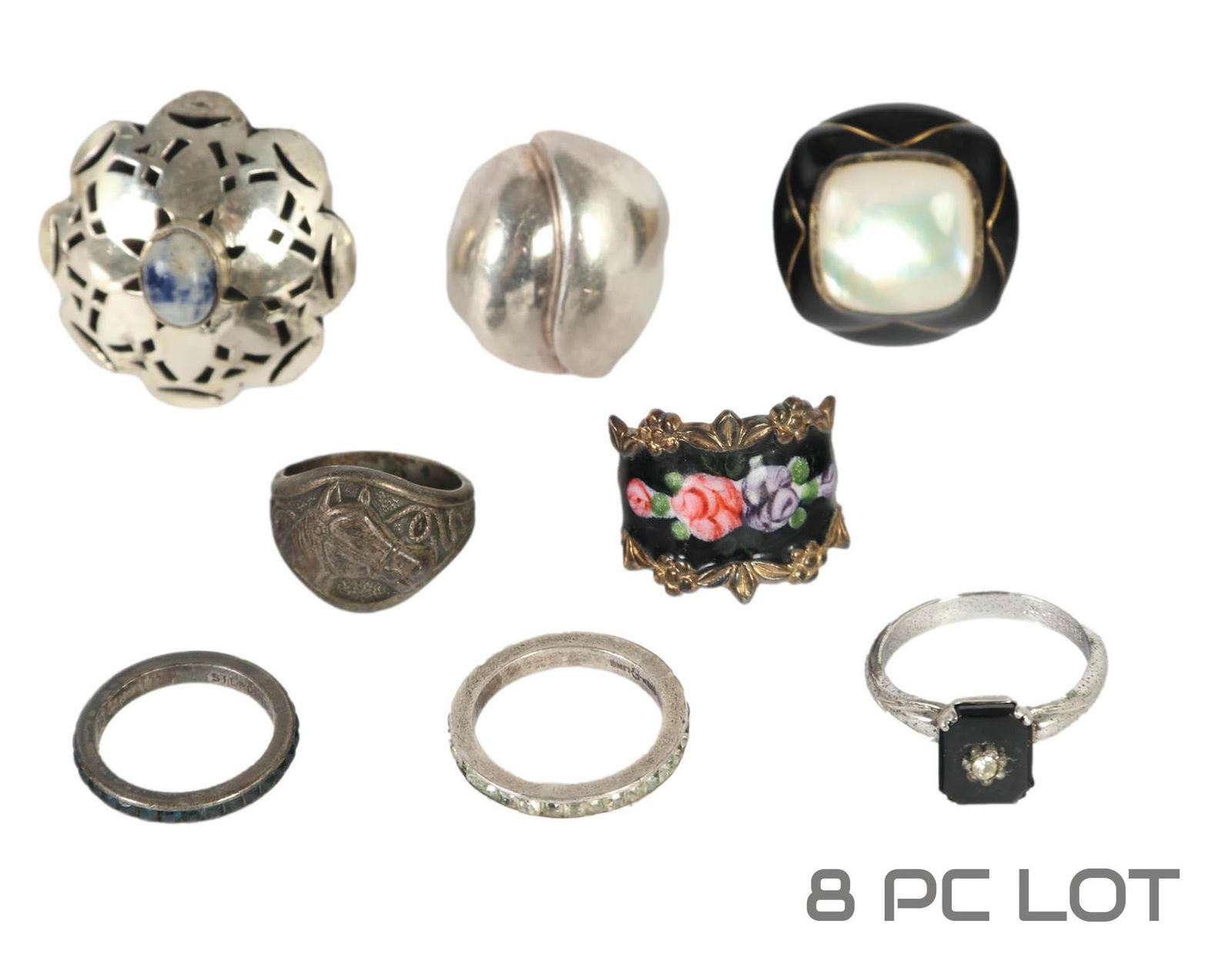 Sterling Silver 925 MOP Enamel Stone 8pc Ring LOT (1 of 6)