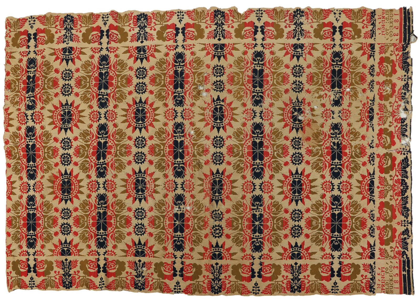 Antique Tri Color Bucks County PA 1853 Coverlet (1 of 4)