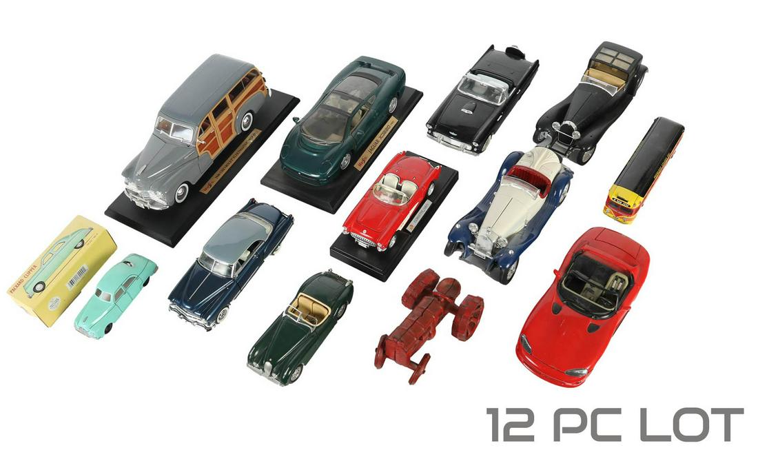 Estate Collection Antique Toy Model Cars 12 pc LOT: Names of the cars include ~ Dodge Viper RT/10, Ford Thunderbird Convertible by Revell 1990, Alpha Romeo 2300 Spider 1932, Jaguar XK 120 1948, Bugati Royal 1932, Corvette 1957, Jaguar Xj220 1992, Cast