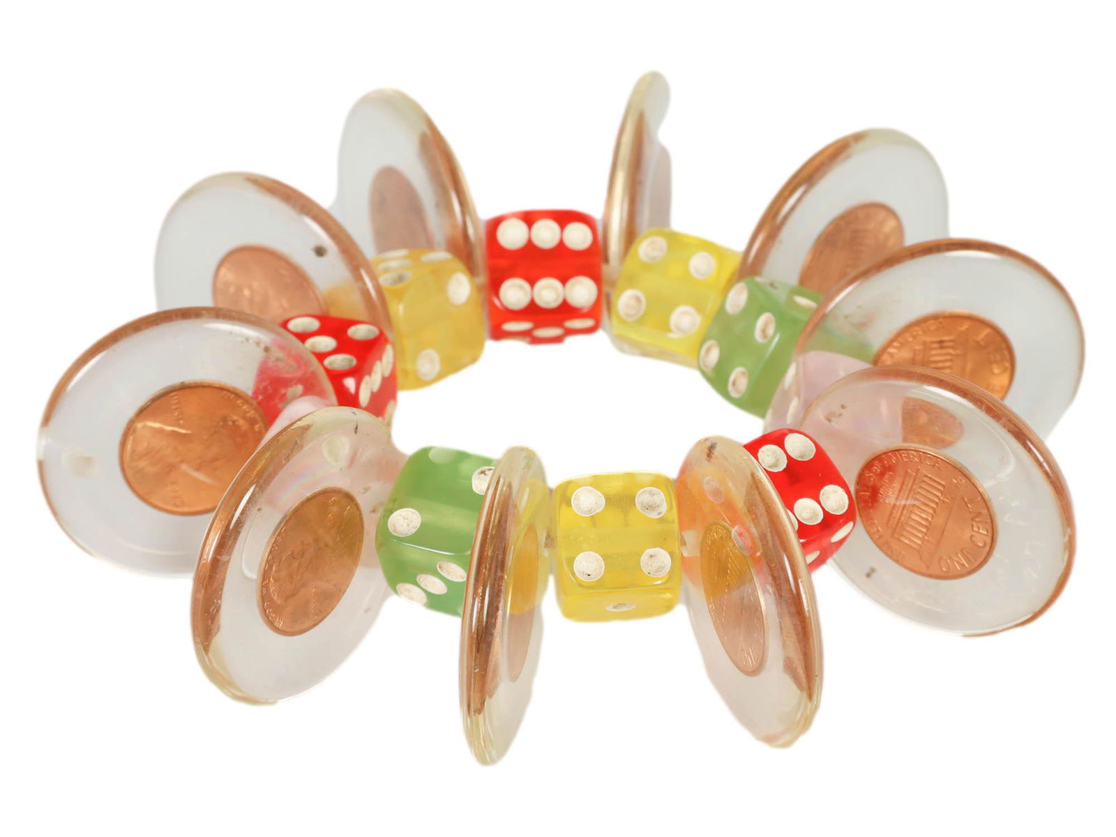 Jan Carlin Lucite Penny Coin Dice Bracelet SIGNED: handcrafted stretch bracelet by Jan Carlin. Modeled with alternating playing dice and encased penny coin in lucite discs. Designed to fit several wrist sizes as the bracelet is stretchable in manner.