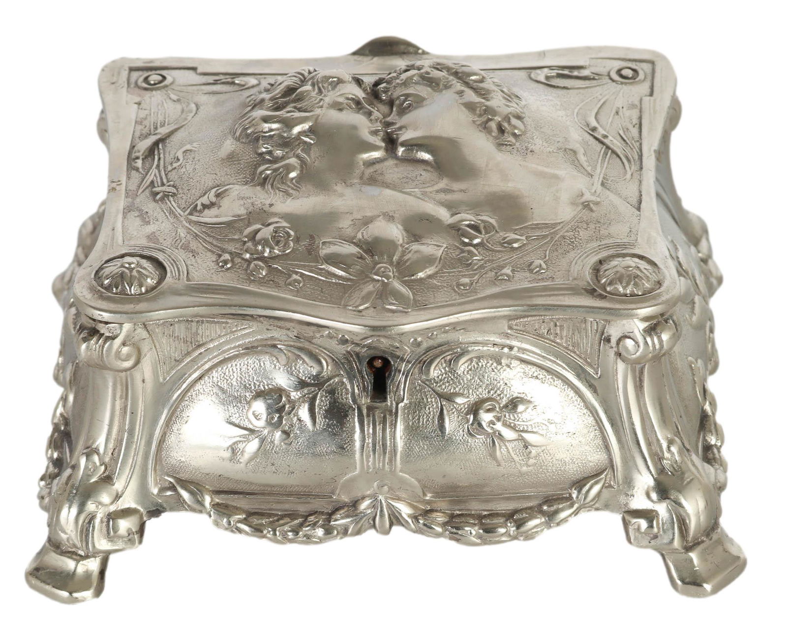 Antique Art Nouveau Silver Plate Kiss Repousse Box (1 of 6)