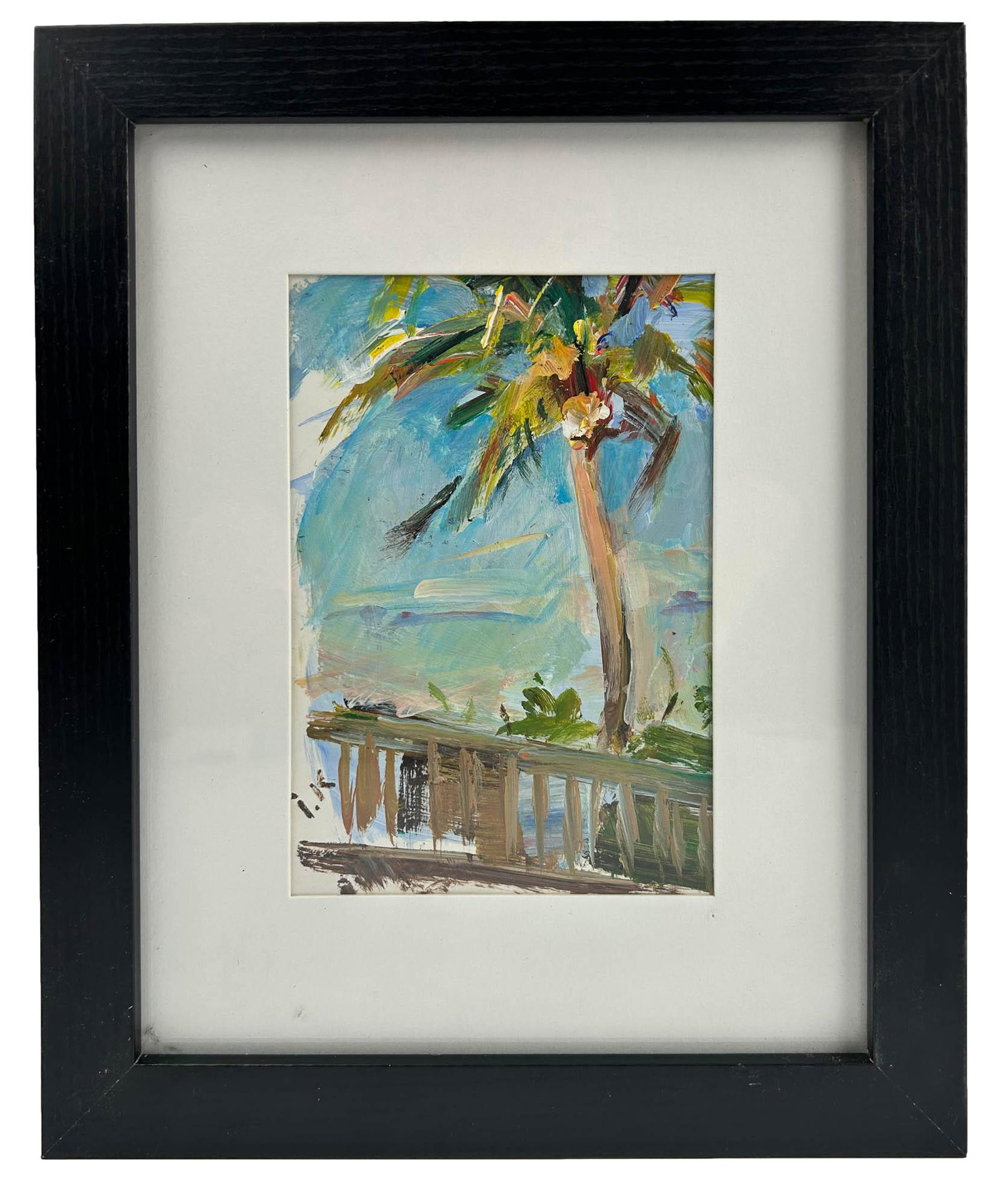 Ihor Korotash Impressionist Landscape Oil Painting: Ihor Korotash ( American, Ukraine, born 1957). This oil painting on paper subject matter showcases features a palm tree, gallery and seascape scene. Signed with artist initials lower left in the plate