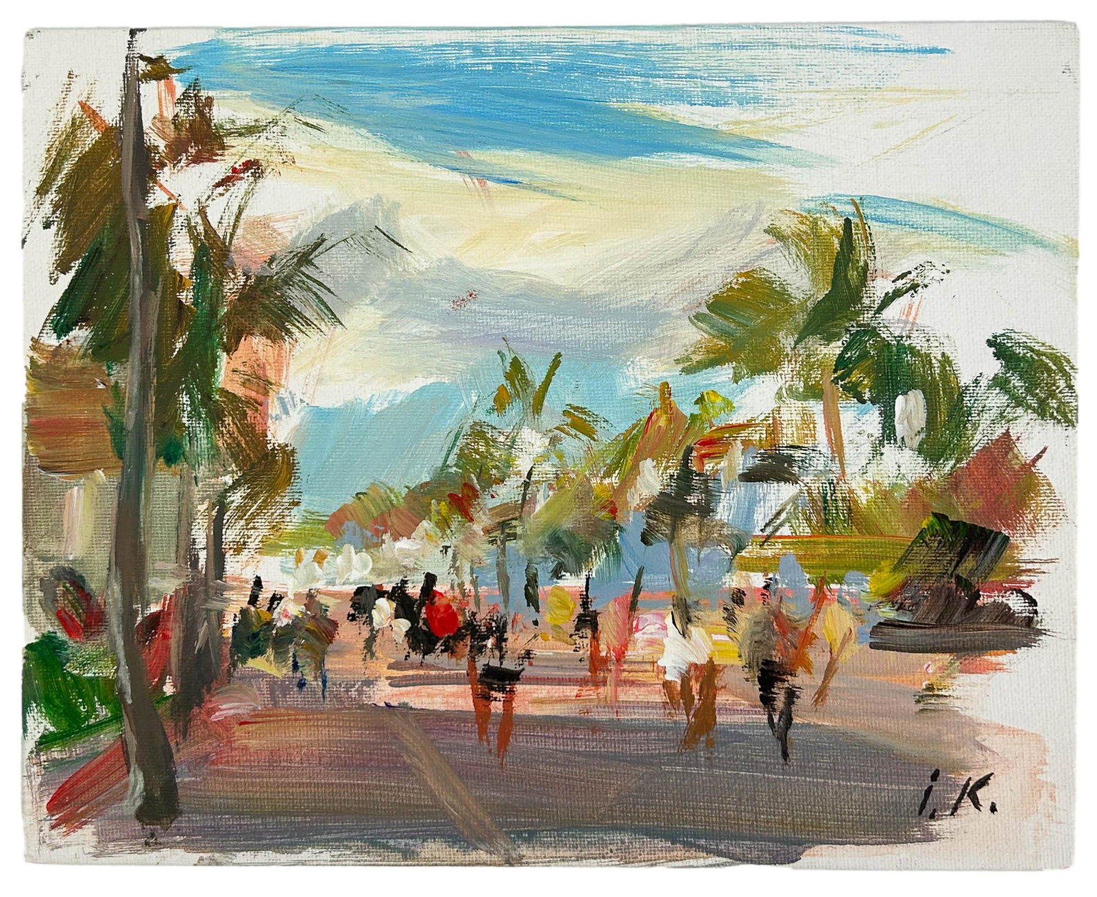 Ihor Korotash Impressionist Beachscape Painting: Ihor Korotash ( American, Ukraine, born 1957). This oil painting on canvas board has a subject matter showcasing a a figural beachscape. Signed with artist initials lower right. Being sold as unframed