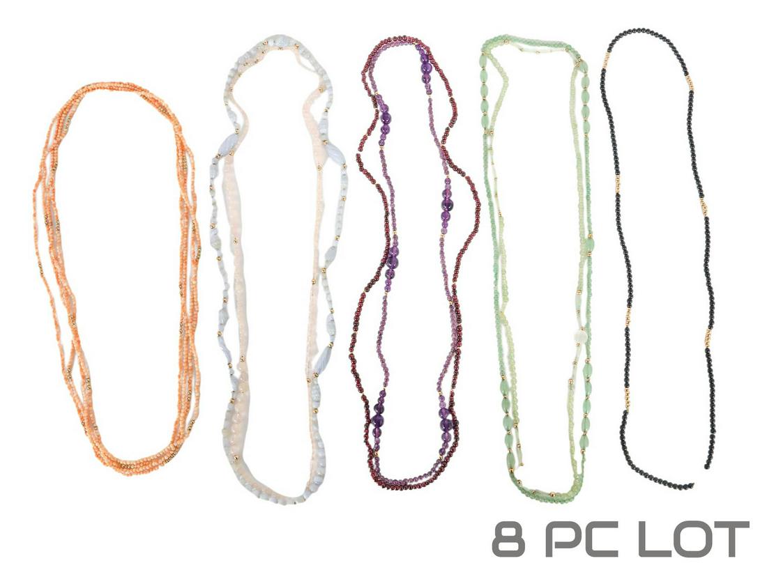Angelskin Coral Rose Quartz Jade Necklace 8pc LOT: Estate collection lot of 8 necklaces. Materials / stones include angel skin coral, jade, amethyst garnets and blue lace agate. Measure from 31" - 120" in length. No apparent markings. Total combined w