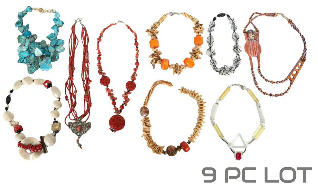 Coral Cinnabar Wood Turquoise Necklace 9pc LOT: 9 piece estate collection lot of necklaces. Materials include red coral nugget, ceramic, wood, turquoise, lucite acrylic amongst other materials. Measure from 19" - 32" approximately. Pendants ONLY ~-