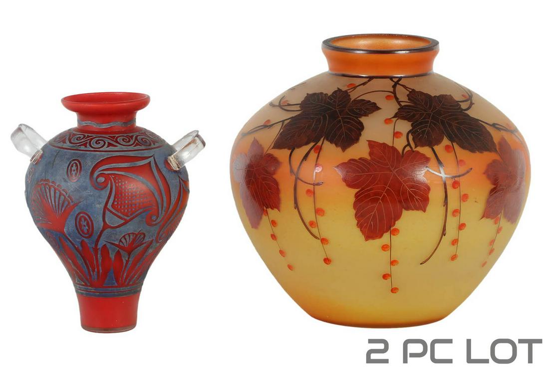 Cameo Acid Etched Floral & Art Deco Glass Vase 2pc (1 of 4)